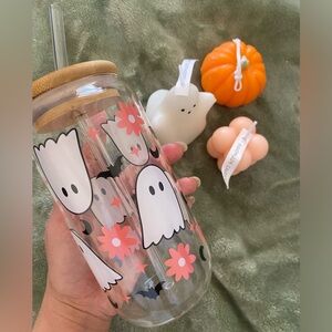 HALLOWEEN ghost glass cup AND candles.